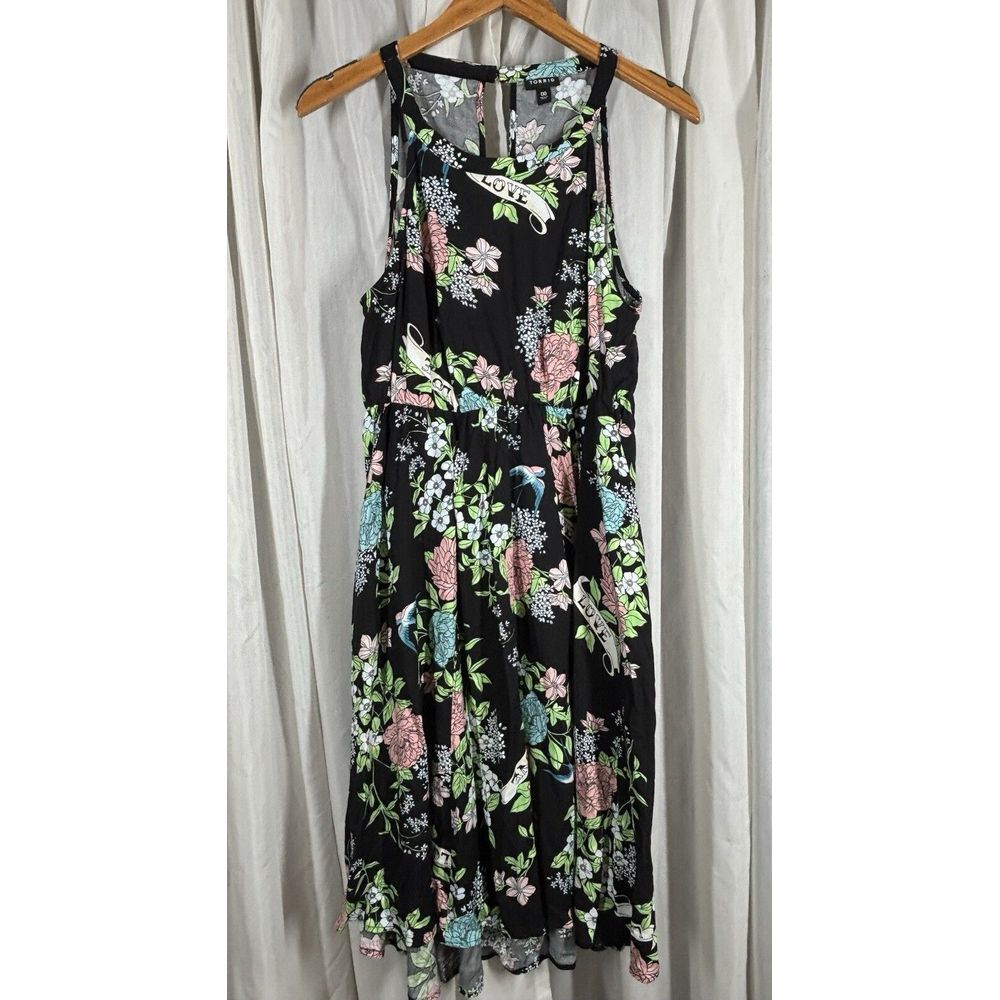 Torrid Floral Dress Midi Black Keyhole Open Back 00/12 Large Sleeveless Rock EUC